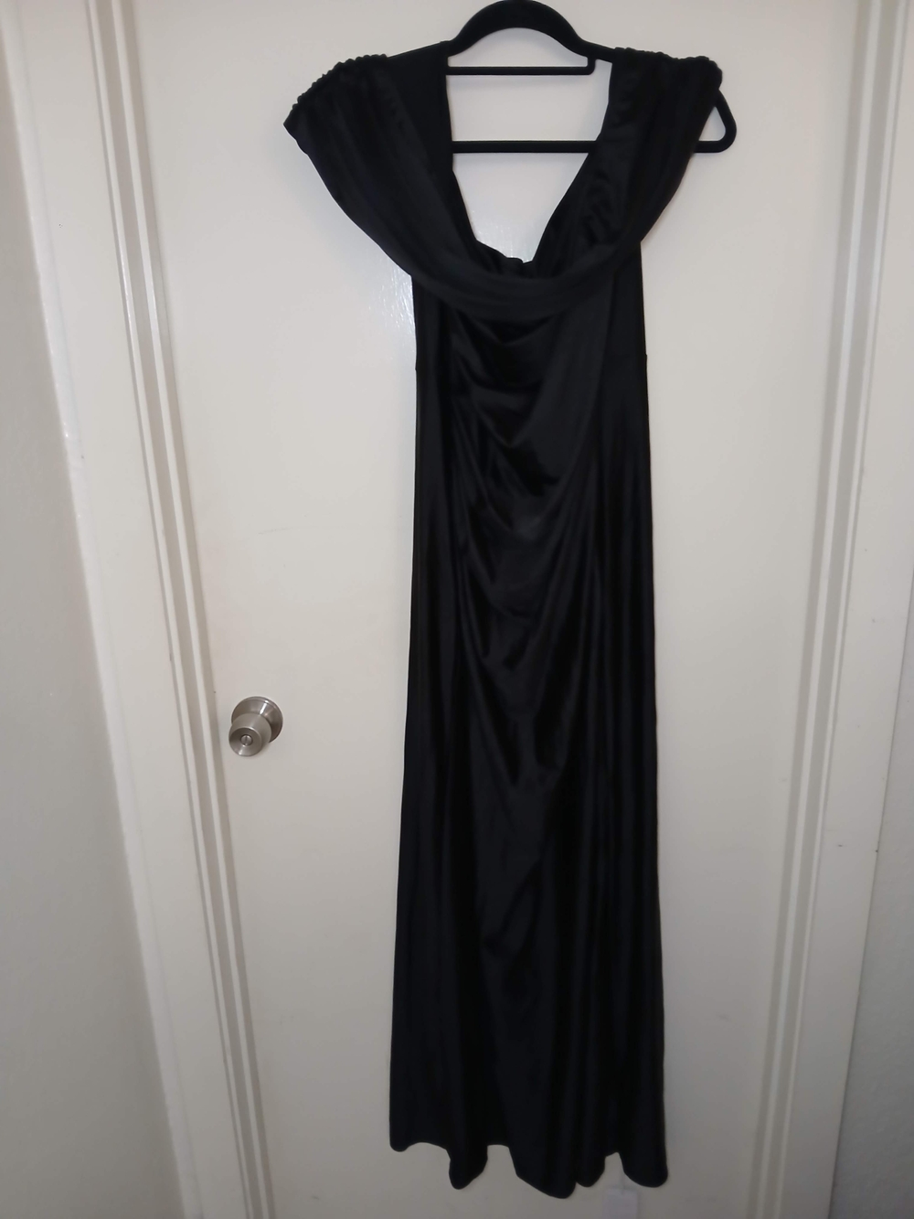 Black Satin Evening Gown with Draped Cowl Neck